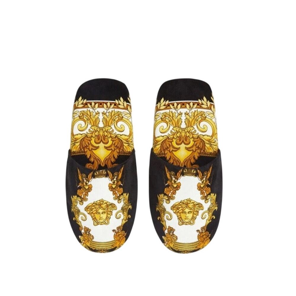 Versace Medusa Renaissance-Print Slippers Black Gold Size M (8-9) NWT